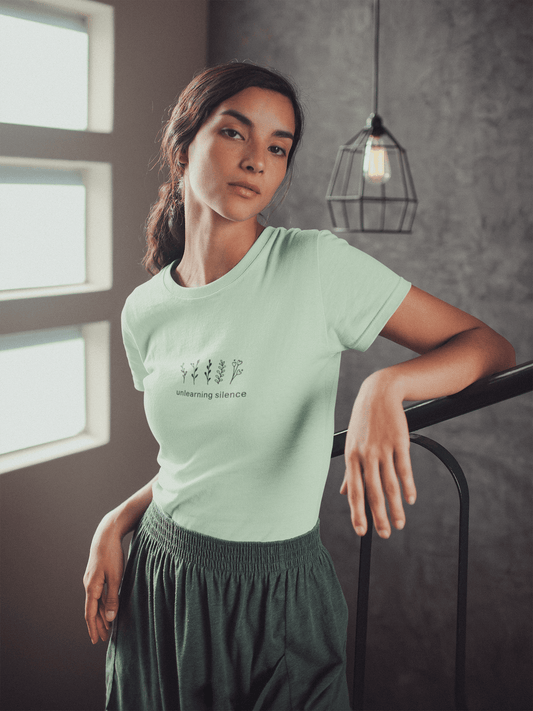 unlearning_silence_front_female_model_green_mint